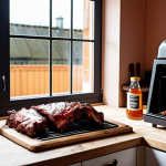 **A cozy Swedish kitchen with a modern electric smoker visible through the window, preparing ribs with a honey-glazed BBQ sauce.**