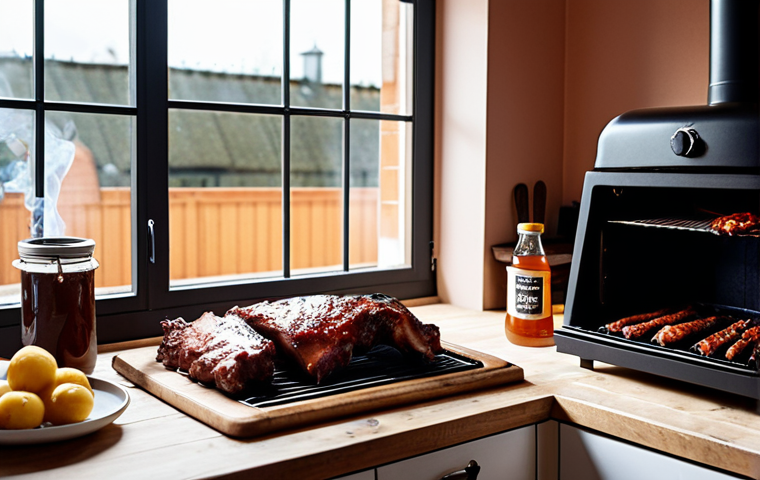 **A cozy Swedish kitchen with a modern electric smoker visible through the window, preparing ribs with a honey-glazed BBQ sauce.**