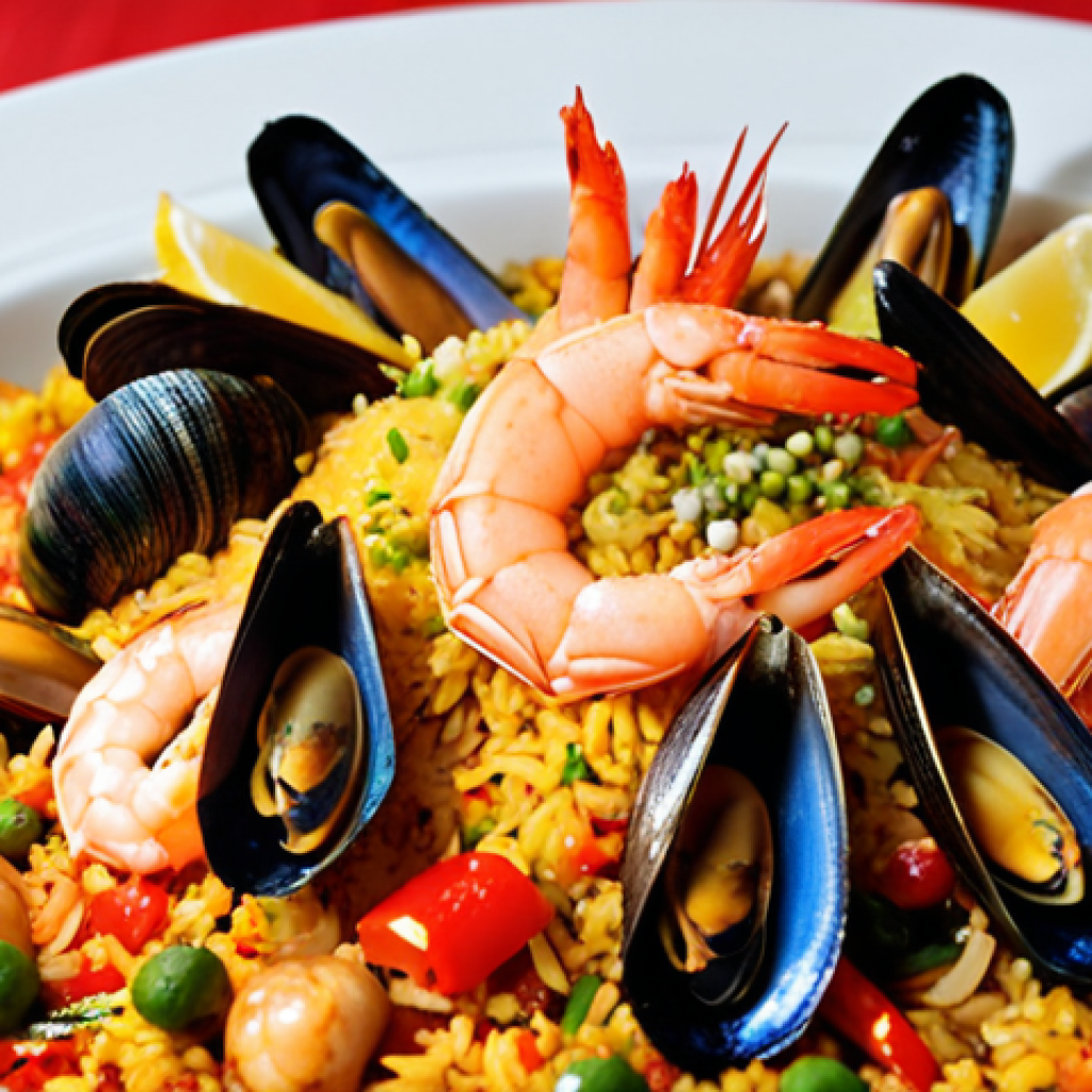 **
A vibrant paella dish, steaming and colorful, with visible grains of rice, seafood (mussels, shrimp), and vegetables. Sprinkle generously with smoked paprika. Focus on the warm tones and inviting texture. Pimentón de la Vera.
**