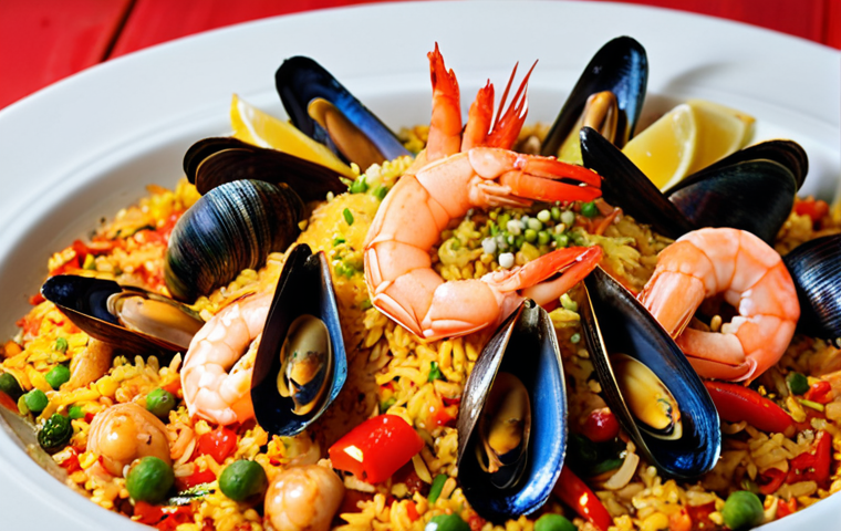 **

A vibrant paella dish, steaming and colorful, with visible grains of rice, seafood (mussels, shrimp), and vegetables. Sprinkle generously with smoked paprika. Focus on the warm tones and inviting texture. Pimentón de la Vera.

**