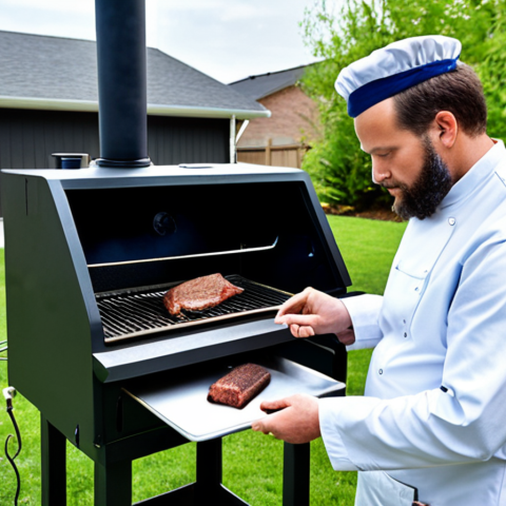 A dedicated individual, fully clothed in professional, modest outdoor cooking attire, stands beside a sophisticated pellet smoker in a bright, clean backyard. They are intently observing a digital thermometer, checking the stable, low internal temperature of a large piece of meat inside the smoker. Delicate wisps of thin blue smoke curl upwards. The scene conveys expertise and the art of precise temperature control. safe for work, appropriate content, fully clothed, perfect anatomy, correct proportions, natural pose, well-formed hands, professional photography, high quality, family-friendly.