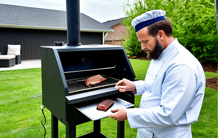 A dedicated individual, fully clothed in professional, modest outdoor cooking attire, stands beside a sophisticated pellet smoker in a bright, clean backyard. They are intently observing a digital thermometer, checking the stable, low internal temperature of a large piece of meat inside the smoker. Delicate wisps of thin blue smoke curl upwards. The scene conveys expertise and the art of precise temperature control. safe for work, appropriate content, fully clothed, perfect anatomy, correct proportions, natural pose, well-formed hands, professional photography, high quality, family-friendly.