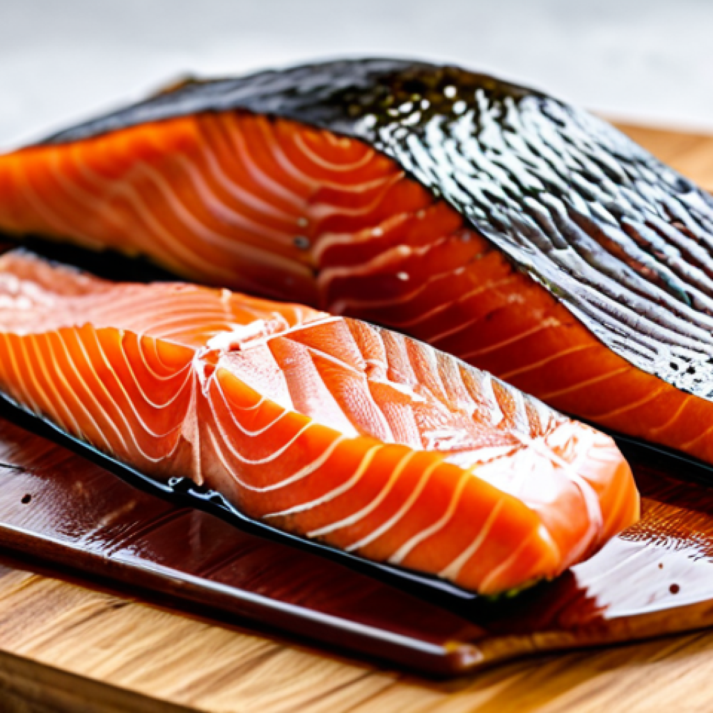 Professional Vacuum-Sealed Smoked Meat**
"Close-up shot of vacuum-sealed smoked salmon on a wooden cutting board, professional food photography, safe for work, appropriate content, fully clothed (packaging implies contents), perfect lighting, high detail, family-friendly."
**