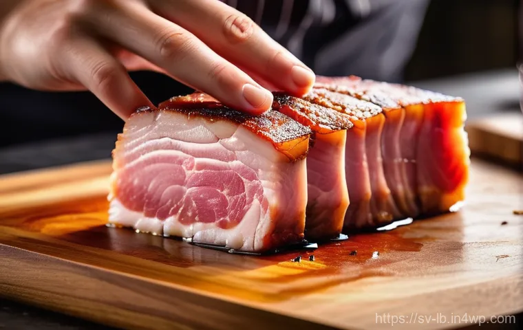 훈제 기법으로 만든 베이컨 요리 - Image Prompt 1: The Artisan's Choice - High-Quality Pork Belly Selection**