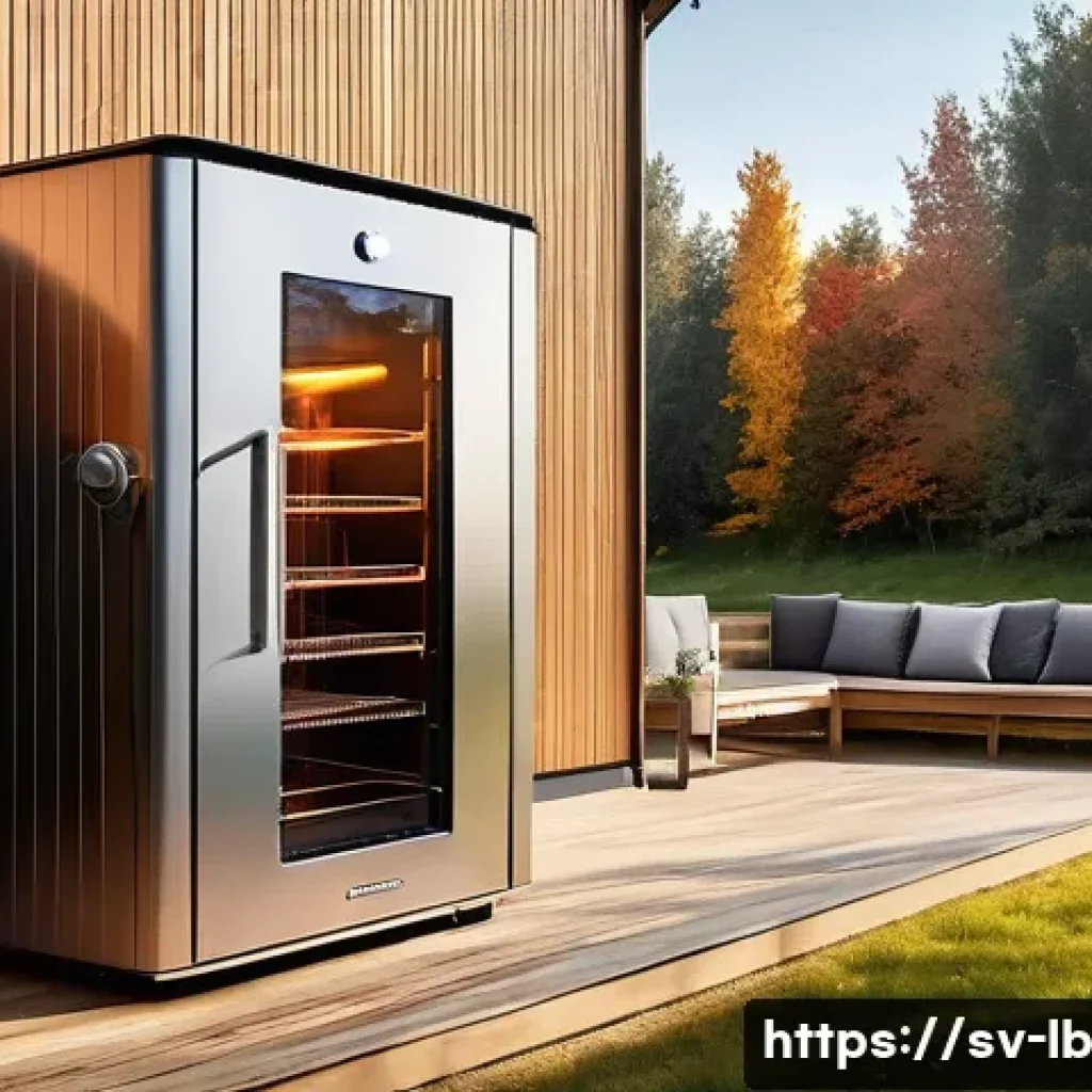 가정용 훈제기 선택 가이드 - A modern electric smokehouse in a cozy Swedish backyard setting during early autumn, featuring a sle...