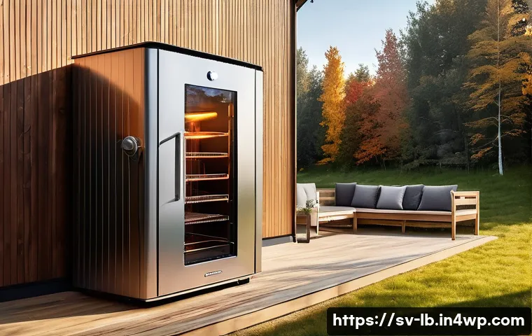 가정용 훈제기 선택 가이드 - A modern electric smokehouse in a cozy Swedish backyard setting during early autumn, featuring a sle...