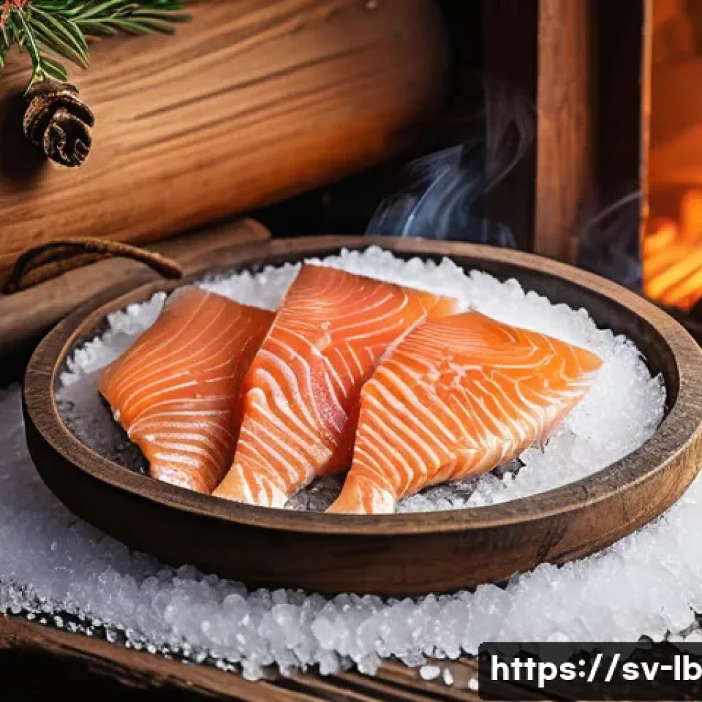 훈제 기법의 지역별 특징 - A traditional Scandinavian cold-smoking scene set in a rustic wooden smokehouse during winter, showc...