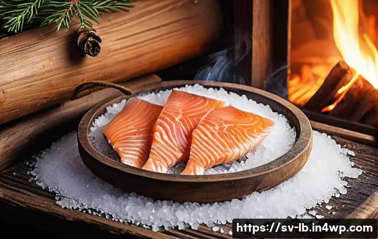 훈제 기법의 지역별 특징 - A traditional Scandinavian cold-smoking scene set in a rustic wooden smokehouse during winter, showc...