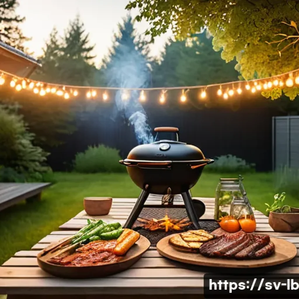 훈제 기법과 BBQ의 차이점 - A cozy outdoor Swedish backyard scene during a mild summer evening, featuring a traditional charcoal...