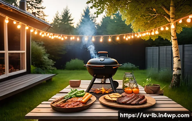 훈제 기법과 BBQ의 차이점 - A cozy outdoor Swedish backyard scene during a mild summer evening, featuring a traditional charcoal...