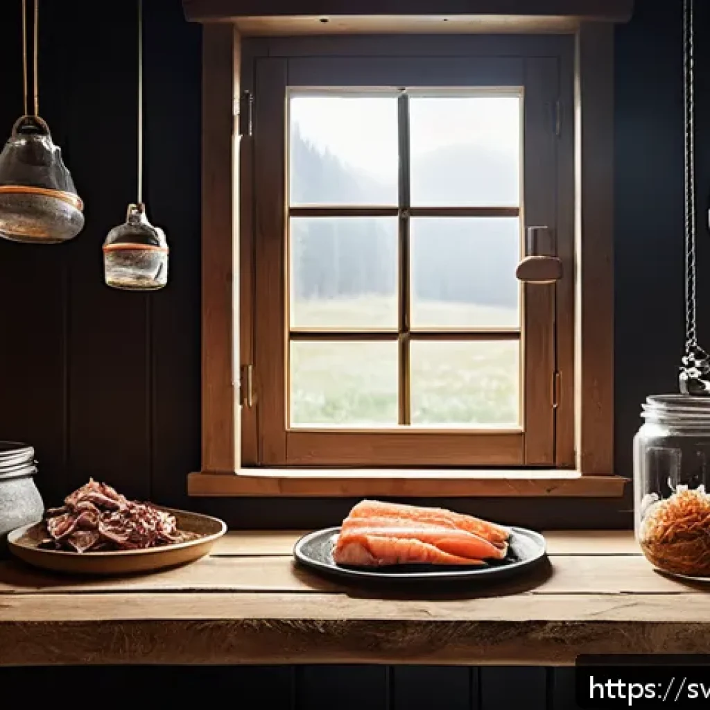 훈제 기법과 식품 보존 원리 - A rustic Scandinavian kitchen scene featuring a traditional wooden smokehouse with natural wood chip...