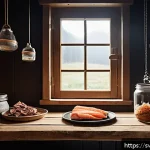 Home 22 훈제 기법과 식품 보존 원리 - A rustic Scandinavian kitchen scene featuring a traditional wooden smokehouse with natural wood chip...