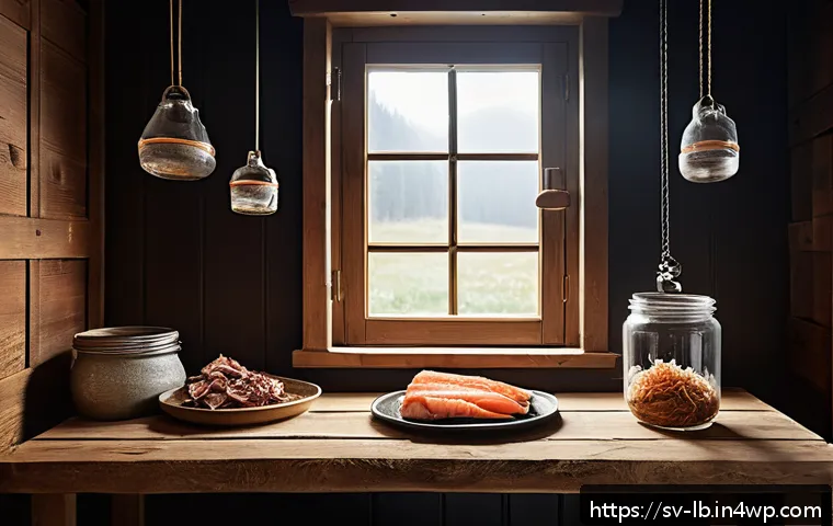 훈제 기법과 식품 보존 원리 - A rustic Scandinavian kitchen scene featuring a traditional wooden smokehouse with natural wood chip...