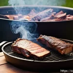 Home 21 훈제 기법을 활용한 주말 요리 - A rustic outdoor barbecue scene featuring a smoker loaded with large brisket and pork ribs, surround...