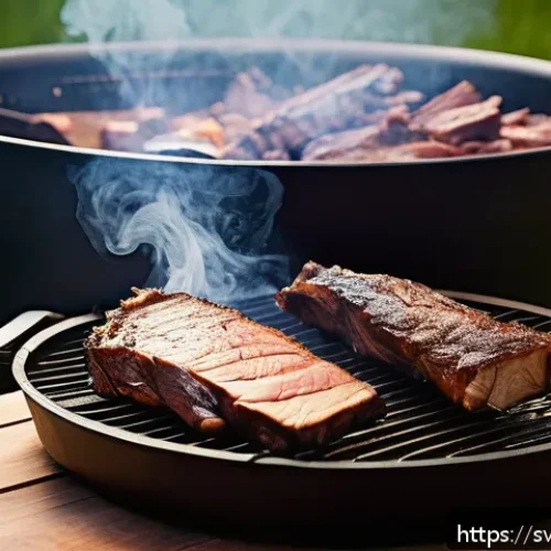 Home 33 훈제 기법을 활용한 주말 요리 - A rustic outdoor barbecue scene featuring a smoker loaded with large brisket and pork ribs, surround...