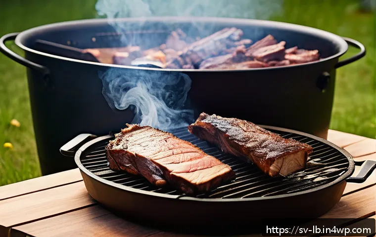 훈제 기법을 활용한 주말 요리 - A rustic outdoor barbecue scene featuring a smoker loaded with large brisket and pork ribs, surround...