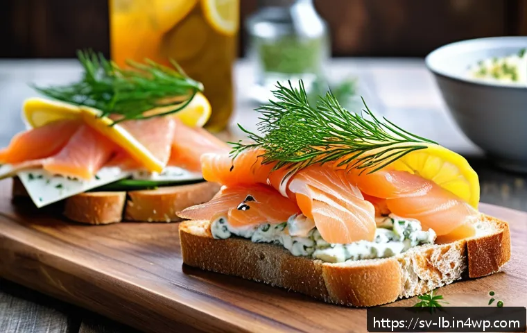 훈제 기법으로 만드는 훈제 연어 샌드위치 - A rustic smoked salmon sandwich on a thick slice of crusty sourdough bread, topped with thin slices ...