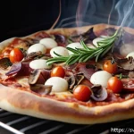 Home 19 훈제 기법으로 만드는 특별한 피자 - A rustic kitchen scene featuring a homemade pizza being smoked in a conventional oven using fruitwoo...