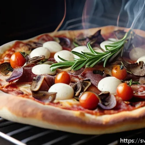 Home 31 훈제 기법으로 만드는 특별한 피자 - A rustic kitchen scene featuring a homemade pizza being smoked in a conventional oven using fruitwoo...