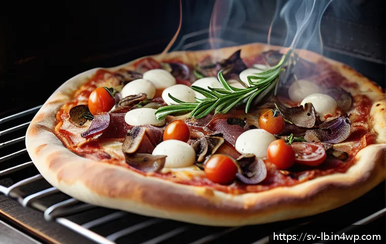 훈제 기법으로 만드는 특별한 피자 - A rustic kitchen scene featuring a homemade pizza being smoked in a conventional oven using fruitwoo...