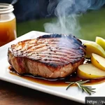 Home 18 소스와 조합한 훈제 요리 - A rustic outdoor barbecue scene showcasing a succulent smoked pork chop glazed with a glossy, rich a...
