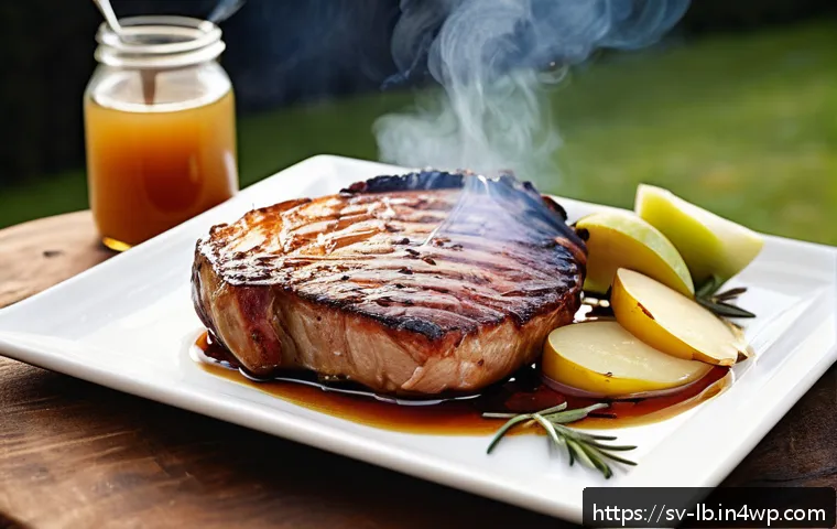 소스와 조합한 훈제 요리 - A rustic outdoor barbecue scene showcasing a succulent smoked pork chop glazed with a glossy, rich a...