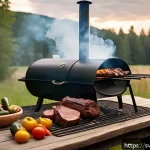 Home 23 훈제 기법의 맛과 향의 과학 - A rustic outdoor barbecue scene featuring a traditional Swedish wooden smoker filled with glowing oa...