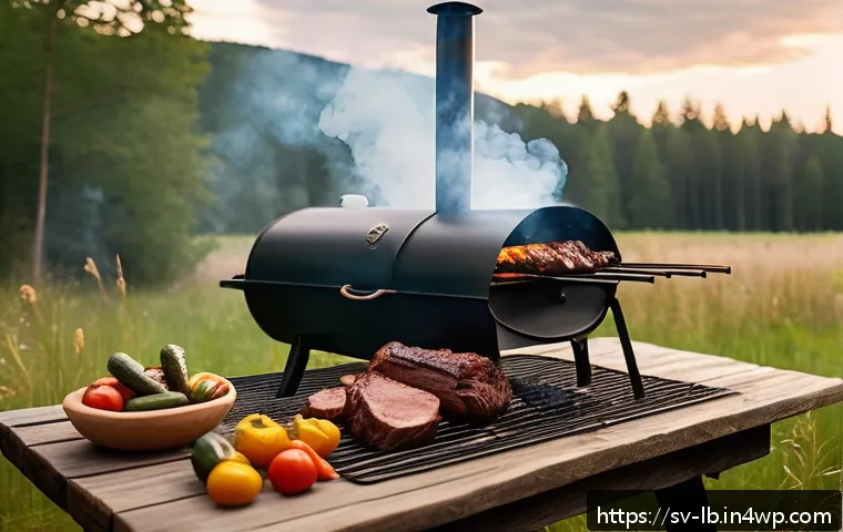 훈제 기법의 맛과 향의 과학 - A rustic outdoor barbecue scene featuring a traditional Swedish wooden smoker filled with glowing oa...