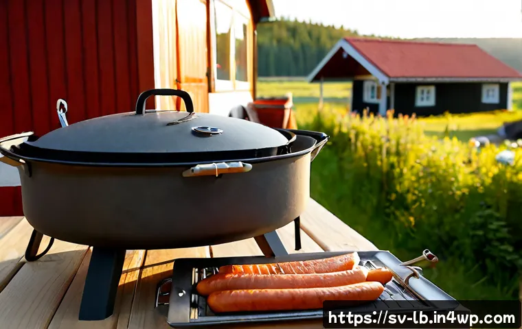 Home 30 훈제 기법으로 즐기는 다양한 맛 - Photorealistic Nordic outdoor smoking scene, a stainless steel charcoal smoker on a wooden terrace b...