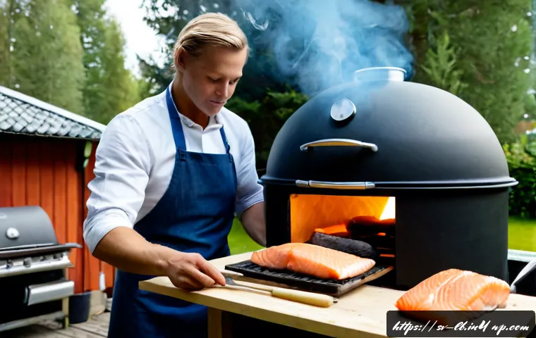 Home 17 훈제 기법의 실전 적용 사례 - Photorealistic outdoor Swedish summer kitchen beside a red wooden cottage, an experienced home cook ...