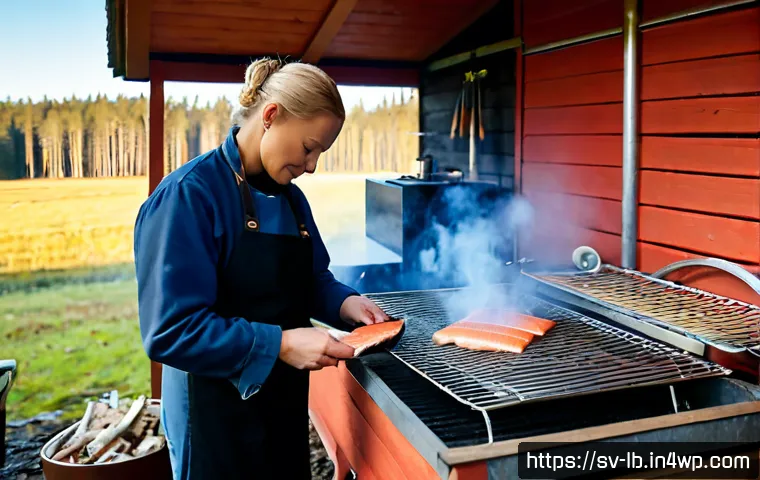 Home 17 훈제 기법의 활용을 위한 필독 자료 - Photorealistic Swedish countryside smokehouse scene, a home cook in practical outdoor clothing caref...